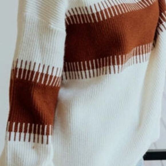 EUC Colorblock Cozy Oversize Turtle Neck Knit Sweater Sz. 1XL Cream & Spice - Picture 6 of 9